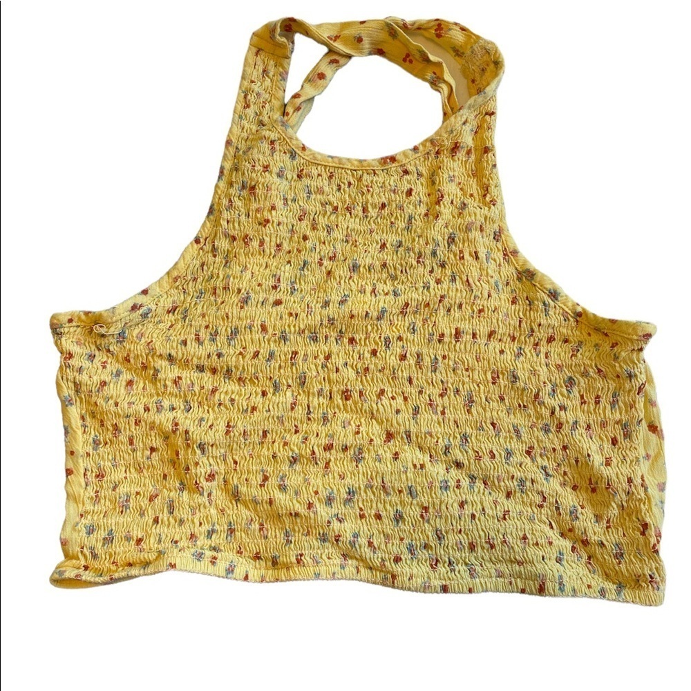 Cropped yellow floral ruched summer blouse sz L